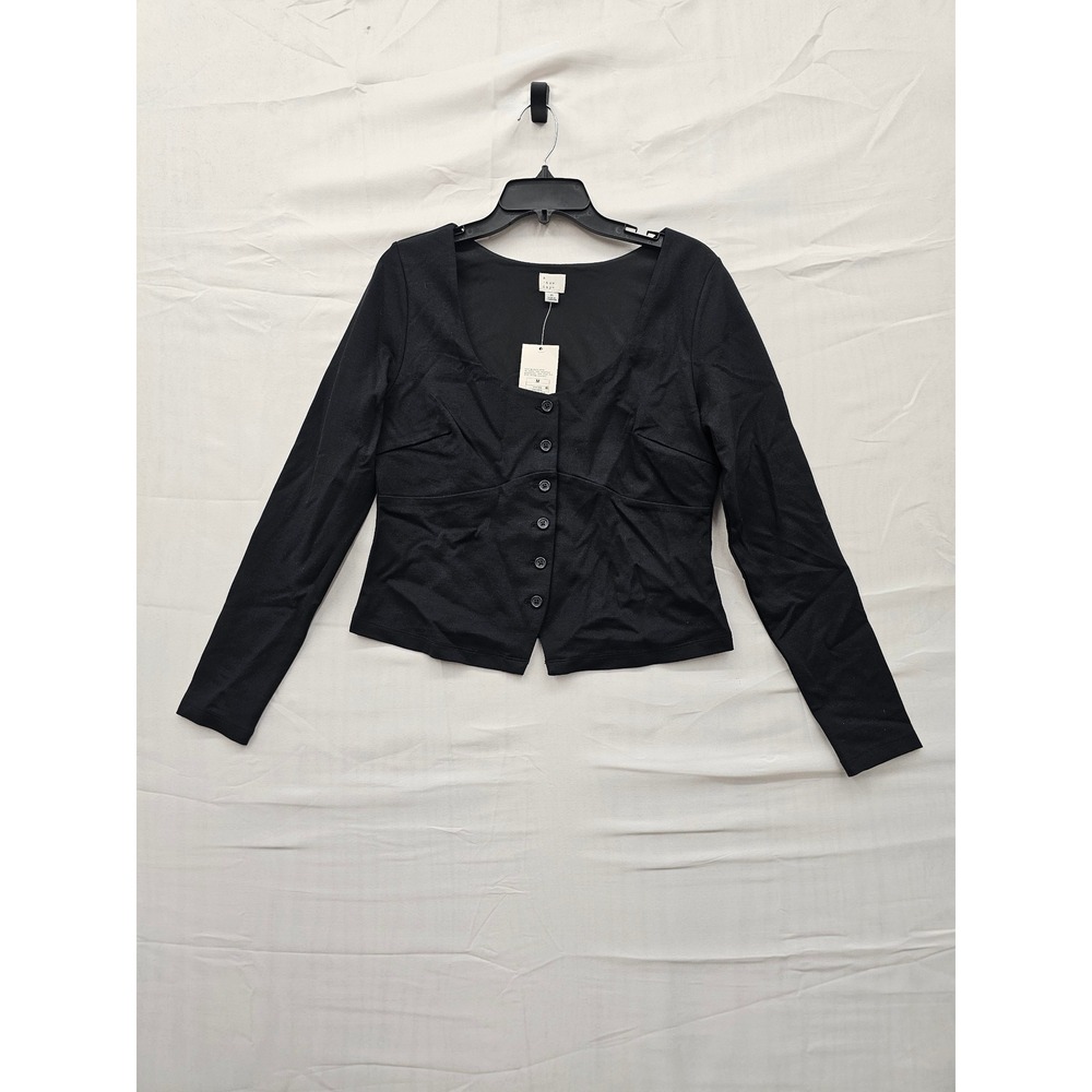 A New Day Womens Black Long Sleeve Sweetheart Button Front Top Size M NWT 1659